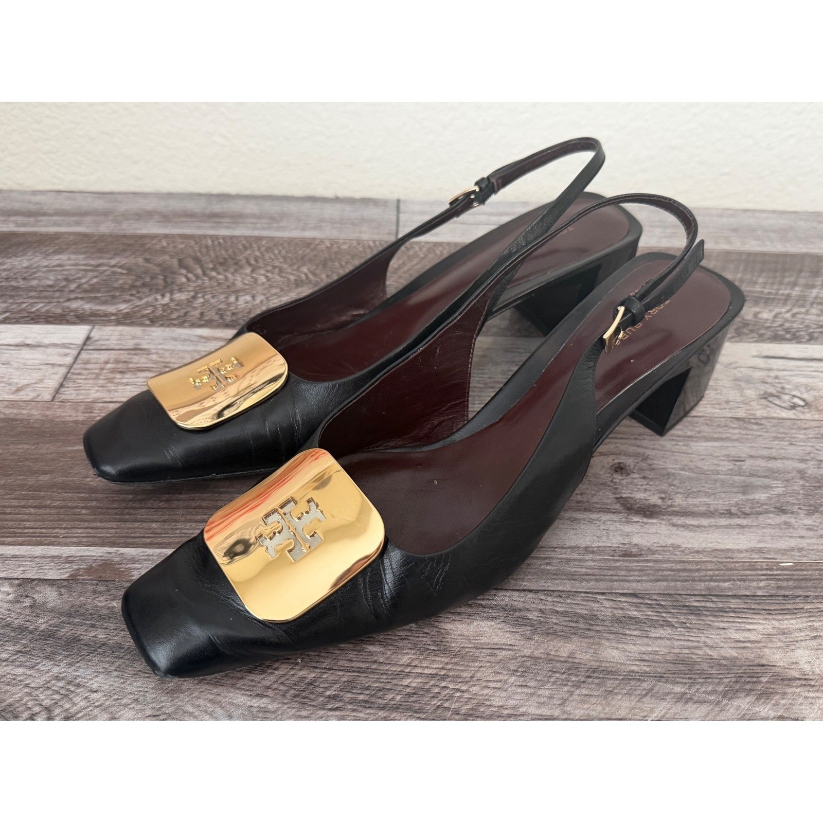 Tory Burch Georgia Slingback Heels Size 10m Black Gold Logo Square Toe